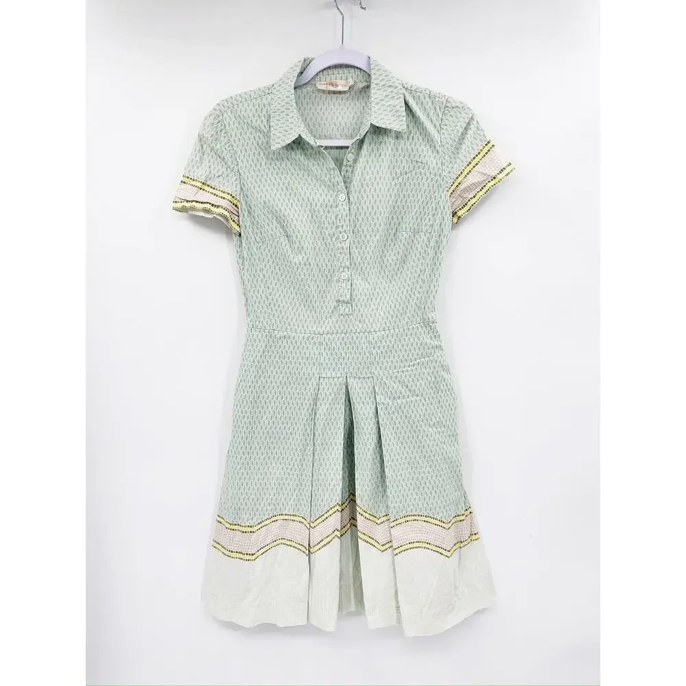 Tory Burch Emmy Green Printed Cotton Short Sleeve Pleated Shirt Dress Size 0‎